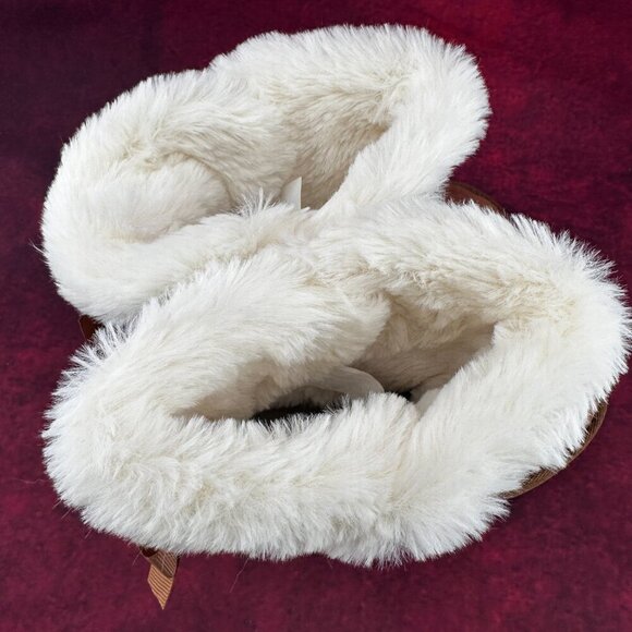 GIRL'S TAN SUEDE BOOTS MULTICOLOR KNITTED BOW AND LINED FAUX FUR, SIZE 12 - Picture 6 of 8